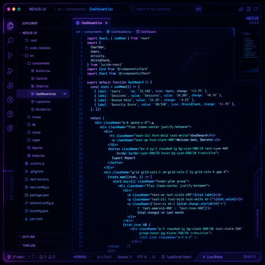 Kod React i Tailwind w cyberpunkowym edytorze